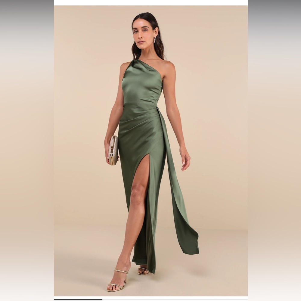 Lulu’s Signature Elegance Olive Green Satin One-Shoulder Maxi Dress